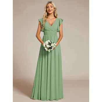 Dámské šaty Šaty pro družičky s výstřihem do V, páskem, volánky Barva: Zelená, Velikost: 5XL