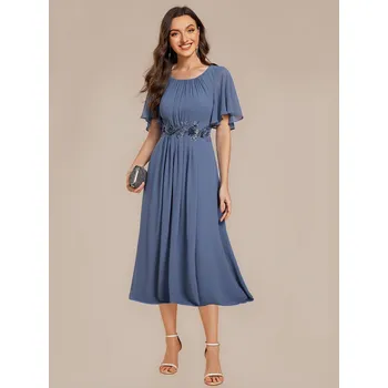 Dámské šaty midi šaty s krátkým rukávem, volánky a květinovými aplikacemi Barva: Mořská, Velikost: 6XL