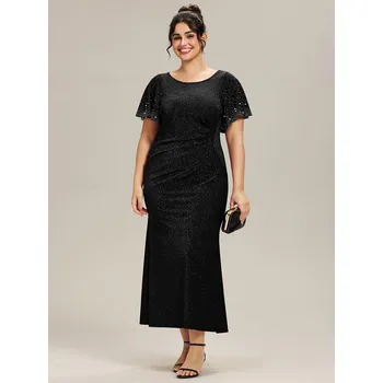 Dámské šaty Večerní šaty s krátkým rukávem, volánky a korálky Barva: Černá, Velikost: 7XL