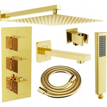 Vodovodní baterie Mexen Cube DR02 vestavěná vanová-sprchová sada s dešťovou sprchou 25 cm, zlatá - 77503DR0225-50 Podomítkové vanové systémy
