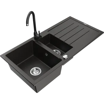 Granitový dřez Mexen Andres granitový dřez 1,5-komorový s odkapávačem a kuchyňskou baterií Telma, černý/zlatý - 6515-75-670200-70 Granitové dřezy s baterií
