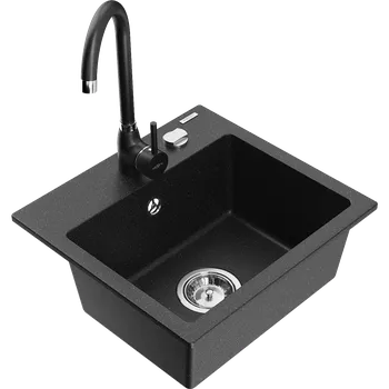 Granitový dřez Mexen Milo granitový dřez 1-komorový s kuchyňskou baterií Telma, černý/stříbrný - 6505-73-670200-70 Granitové dřezy s baterií