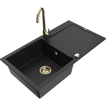 Granitový dřez Mexen Leo kuchyňský dřez z granitu 1-komorový s odkapávačem a kuchyňskou baterií Telma, černý - 6501-77-670200-50 Granitové dřezy s baterií