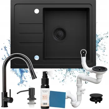 Granitový dřez SET JEDNOKOMOROVÝ GRANITOVÝ DŘEZ S ODKAPÁVAČEM ČERNÝ MALÝ 55x44cm