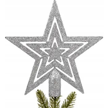 Vánoční dekorace Stříbrná hvězda na vánoční stromek, lesklá špička 20 cm