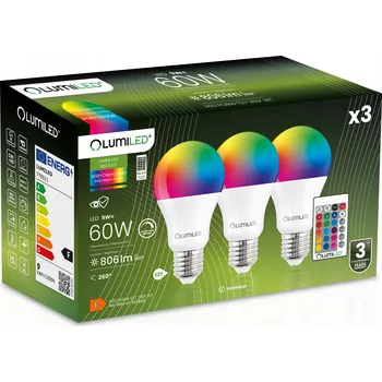 Žárovka 3x LED žárovka E27 A60 9W = 60W 806lm RGB Vícebarevná Stmívatelná Dálkový Ovladač