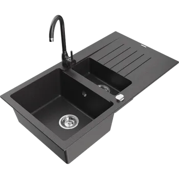 Granitový dřez Mexen Matias žulový dřez 1,5-komorový s odkapávačem a kuchyňskou baterií Telma, černý tečkovaný - 6502-76-670200-76 Granitové dřezy s baterií