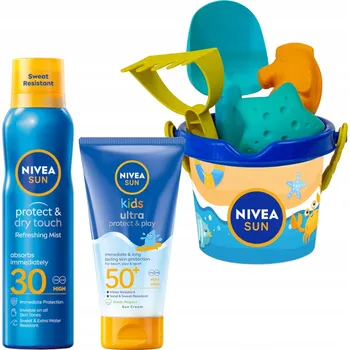 Přípravek na opalování NIVEA SUN Opalovací sprej SPF30 + Dětský balzám SPF50 + Hračky