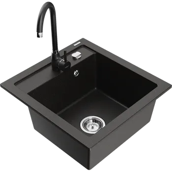 Granitový dřez Mexen Vito granitový dřez 1-komorový s kuchyňskou baterií Telma, černý/zlatý metalik - 6503-75-670200-70 Granitové dřezy s baterií