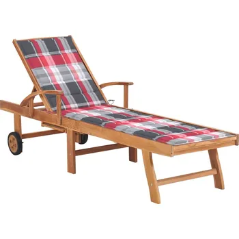 Zahradní lehátko zahrada-XL Zahradní lehátko s červenou károvanou poduškou masivní teak 3063019