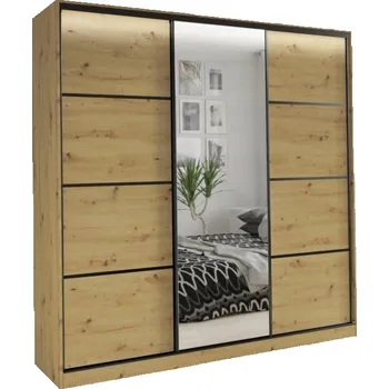 Šatní skříň Šatní skříň HARAZIA 200 se zrcadlem, 4 šuplíky a 2 tyčemi, dub artisan