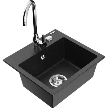 Granitový dřez Mexen Milo granitový jednodřez s kuchyňskou baterií Telma, černý/stříbrný - 6505-73-670200-00 Granitové dřezy s baterií