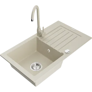 Granitový dřez Mexen Pablo granitový dřez 1-komorový s odkapávačem a kuchyňskou baterií Telma, béžový - 6510-69-670200-69 Granitové dřezy s baterií
