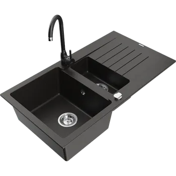 Granitový dřez Mexen Matias granitový dřez 1,5-komorový s odkapávačem a kuchyňskou baterií Telma, černý/zlatý - 6502-75-670200-70 Granitové dřezy s baterií