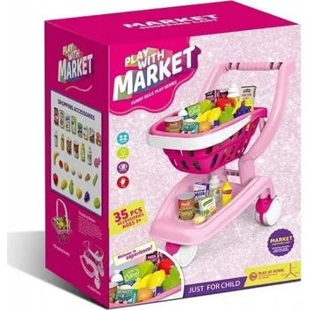 Hra na obchod Hračka Nákupní Vozík Růžový Vozík na Kolečkách Košík s Držadlem Pro Děti