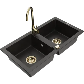 Granitový dřez Mexen Mario dřez žulový 2-komorový s kuchyňskou baterií Telma, černý/zlatý - 6504-75-670200-50 Granitové dřezy s baterií