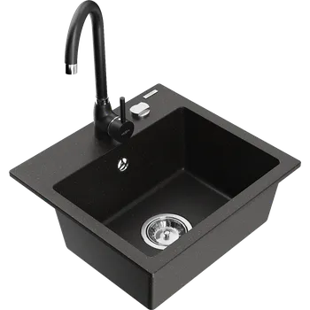 Granitový dřez Mexen Milo jednovrstvý žulový dřez s kuchyňskou baterií Telma, černý/zlatý - 6505-75-670200-70 Granitové dřezy s baterií