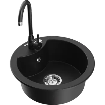 Granitový dřez Mexen Diego jednokomorový žulový dřez s kuchyňskou baterií Telma, černý - 6512-77-670200-70 Granitové dřezy s baterií