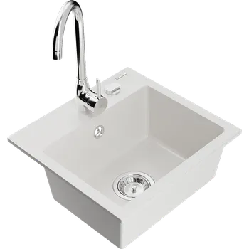 Granitový dřez Mexen Milo žulový kuchyňský dřez s 1 komorou a kuchyňskou baterií Telma, bílý - 6505-20-670200-00 Granitové dřezy s baterií