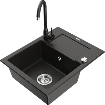 Granitový dřez Mexen Enzo granitový dřez 1-komorový s odkapávačem a kuchyňskou baterií Telma, černý/zlatý - 6506-75-670200-70 Granitové dřezy s baterií