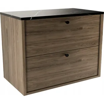 Koupelnový nábytek Skříňka pod umyvadlo 80 cm Ořech Tmavý s deskou Černý Mramor Belino