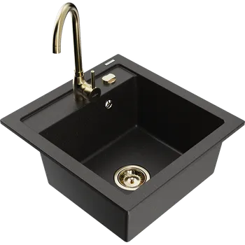 Granitový dřez Mexen Vito granitový dřez 1-komorový s kuchyňskou baterií Telma, černý/zlatý metalik - 6503-75-670200-50 Granitové dřezy s baterií