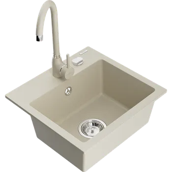Granitový dřez Mexen Milo granitový dřez 1-komorový s kuchyňskou baterií Telma, béžový - 6505-69-670200-69 Granitové dřezy s baterií