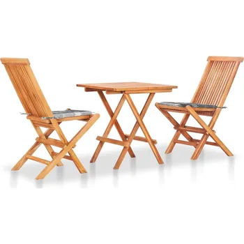 Zahradní sestava zahrada-XL 3dílný bistro set s šedými károvanými poduškami masivní teak 3063239