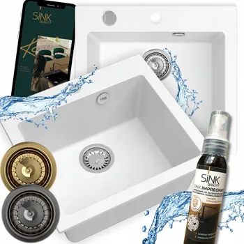 Granitový dřez DŘEZ DŘEZ BÍLÝ JEDNOKOMOROVÝ FERRUM 1K60 + MANUÁLNÍ SIFON