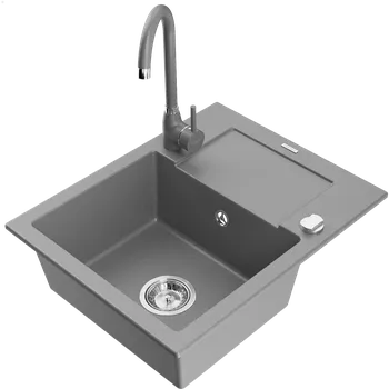 Granitový dřez Mexen Enzo granitový dřez s 1 komorou s odkapávačem a kuchyňskou baterií Telma, šedý - 6506-71-670200-71 Granitové dřezy s baterií