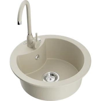 Granitový dřez Mexen Diego granitový dřez 1-komorový s kuchyňskou baterií Telma, béžový - 6512-69-670200-69 Granitové dřezy s baterií