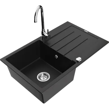 Granitový dřez Mexen Bruno granitový dřez 1-komorový s odkapávačem a kuchyňskou baterií Telma, černý - 6513-77-670200-00 Granitové dřezy s baterií