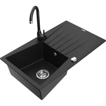 Granitový dřez Mexen Cesar granitový dřez 1-komorový s odkapávačem a kuchyňskou baterií Telma, černý - 6514-77-670200-70 Granitové dřezy s baterií