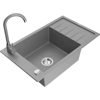 Granitový dřez Mexen Elias granitový dřez 1-komorový s odkapávačem a kuchyňskou baterií Telma, šedý - 6511-71-670200-71 Granitové dřezy s baterií