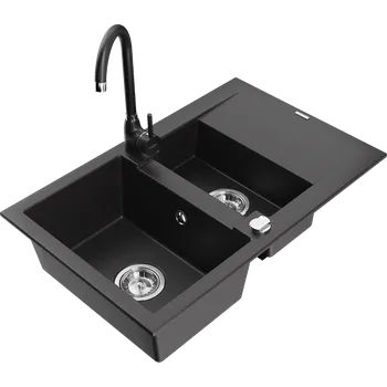 Granitový dřez Mexen Gaspar kuchyňský dřez z granitu 1,5-komorový s odkapávačem a kuchyňská baterie Telma, černá - 6507-77-670200-70 Granitové dřezy s baterií