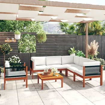 Zahradní sestava zahrada-XL 7dílná zahradní sedací souprava s polštáři krémové dřevo akácie a provaz 3057889