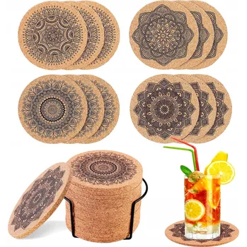 Podtácek Podložka POD HRNEK, korková sklenička se vzorem, stojan, 12 ks