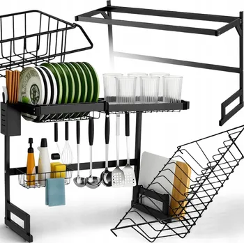 Obraz ODKAPÁVAČ VELKÝ STOJANOVÝ SUŠÁK NA NÁDOBÍ TALÍŘE PŘÍBORY ČERNÝ KOVOVÝ XXL