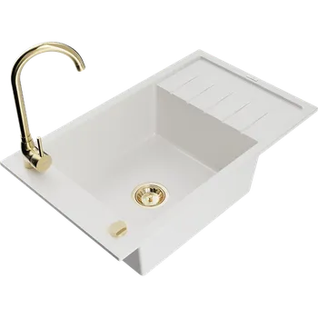 Granitový dřez Mexen Elias granitový dřez 1-komorový s odkapávačem a kuchyňskou baterií Telma, bílý - 6511-20-670200-50 Granitové dřezy s baterií