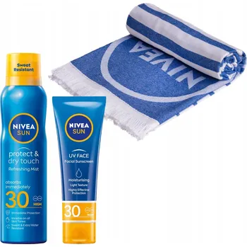 Přípravek na opalování NIVEA SUN Opalovací krém na obličej + Balzám ve spreji SPF30 + Ručník