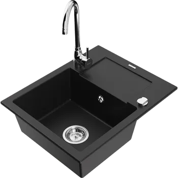 Granitový dřez Mexen Enzo granitový dřez 1-komorový s odkapávačem a kuchyňskou baterií Telma, černý - 6506-77-670200-00 Granitové dřezy s baterií