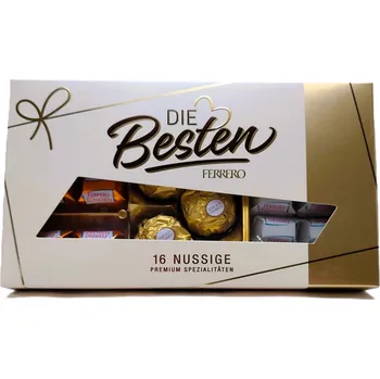 Cukrovinka FERRERO DIE BESTEN NUSSIGE Premium Spezialitäten - bonboniéra se 3 druhy pralinek - 6x Ferrero Küsschen Klassic, 4x Ferrero Rocher a 6x Ferrero Küsschen White Crispy - 16ks 155g