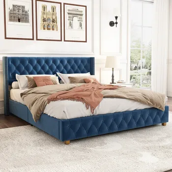 Postel Dřevěná manželská postel Arhatreya 160x200 cm modrá