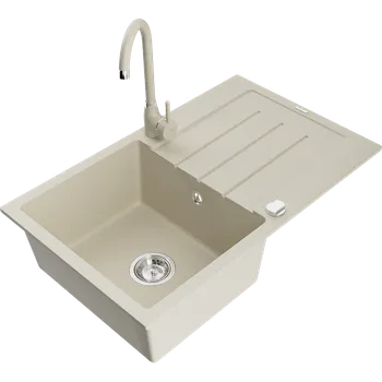 Granitový dřez Mexen Bruno granitový dřez 1-komorový s odkapávačem a kuchyňskou baterií Telma, béžový - 6513-69-670200-69 Granitové dřezy s baterií