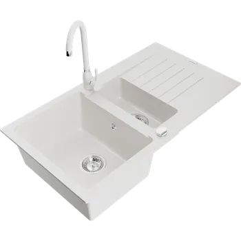 Granitový dřez Mexen Matias granitový dřez s 1,5 komorami a odkapávačem a kuchyňskou baterií Telma, bílý - 6502-20-670200-20 Granitové dřezy s baterií