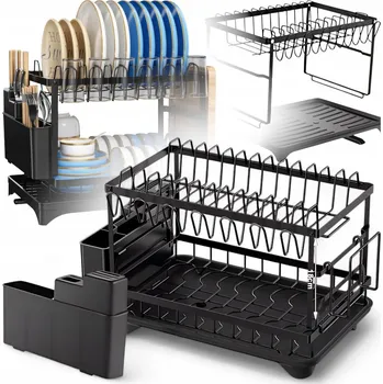 Odkapávač na nádobí STOJÍCÍ ODKAPÁVAČ NA NÁDOBÍ DVOUÚROVŇOVÁ VELKÝ ČERNÝ ODKAPÁVAČ NA NÁDOBÍ XL