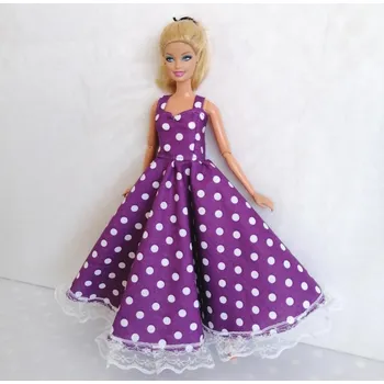 Doplněk pro panenku Oblečky pro panenku Barbie - šaty dlouhé s krajkou s puntíky Barva: fialovobílá