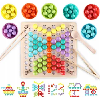Dřevěná hračka DŘEVĚNÁ EDUKAČNÍ MOZAIKA S KULIČKAMI MONTESSORI 77 DÍLKŮ