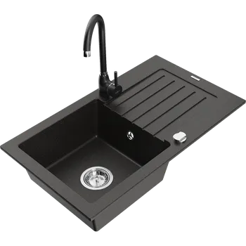 Granitový dřez Mexen Pablo žulový dřez s 1 komorou a odkapávačem a kuchyňskou baterií Telma, černý/zlatý - 6510-75-670200-70 Granitové dřezy s baterií