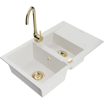 Granitový dřez Mexen Gaspar žulový dřez 1,5-komorový s odkapávačem a kuchyňskou baterií Telma, bílý - 6507-20-670200-50 Granitové dřezy s baterií